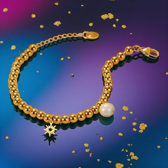 🆕️18K Gold Plated Stainless Steel Beaded Bracelet with Sun & Pearl Charms ✨ - Picture 7 of 12